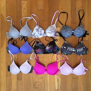 VICTORIA SECRET PINK LOT OF 9 PUSH UP BRAS 32A
